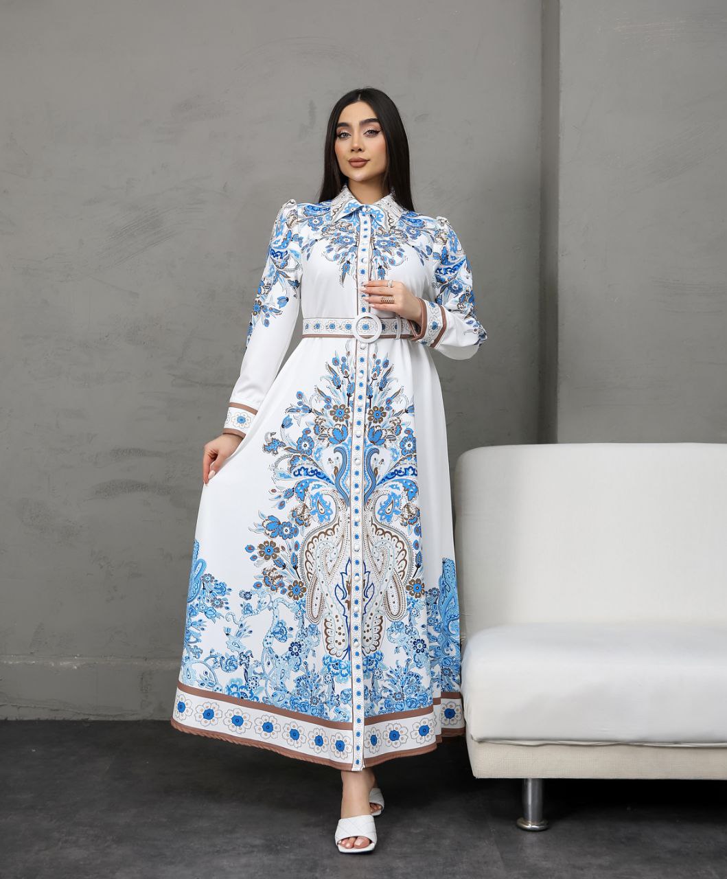 Elegant White and Blue Paisley Maxi Dress