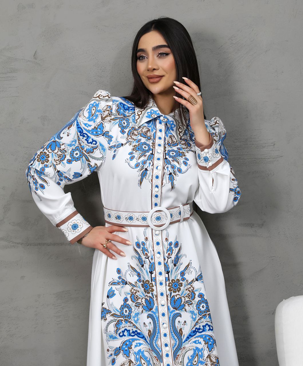 Elegant White and Blue Paisley Maxi Dress