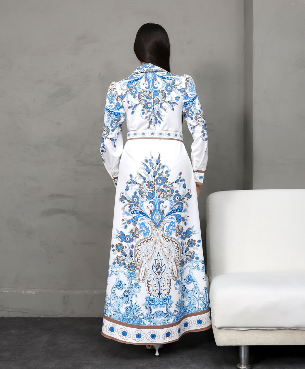 Elegant White and Blue Paisley Maxi Dress