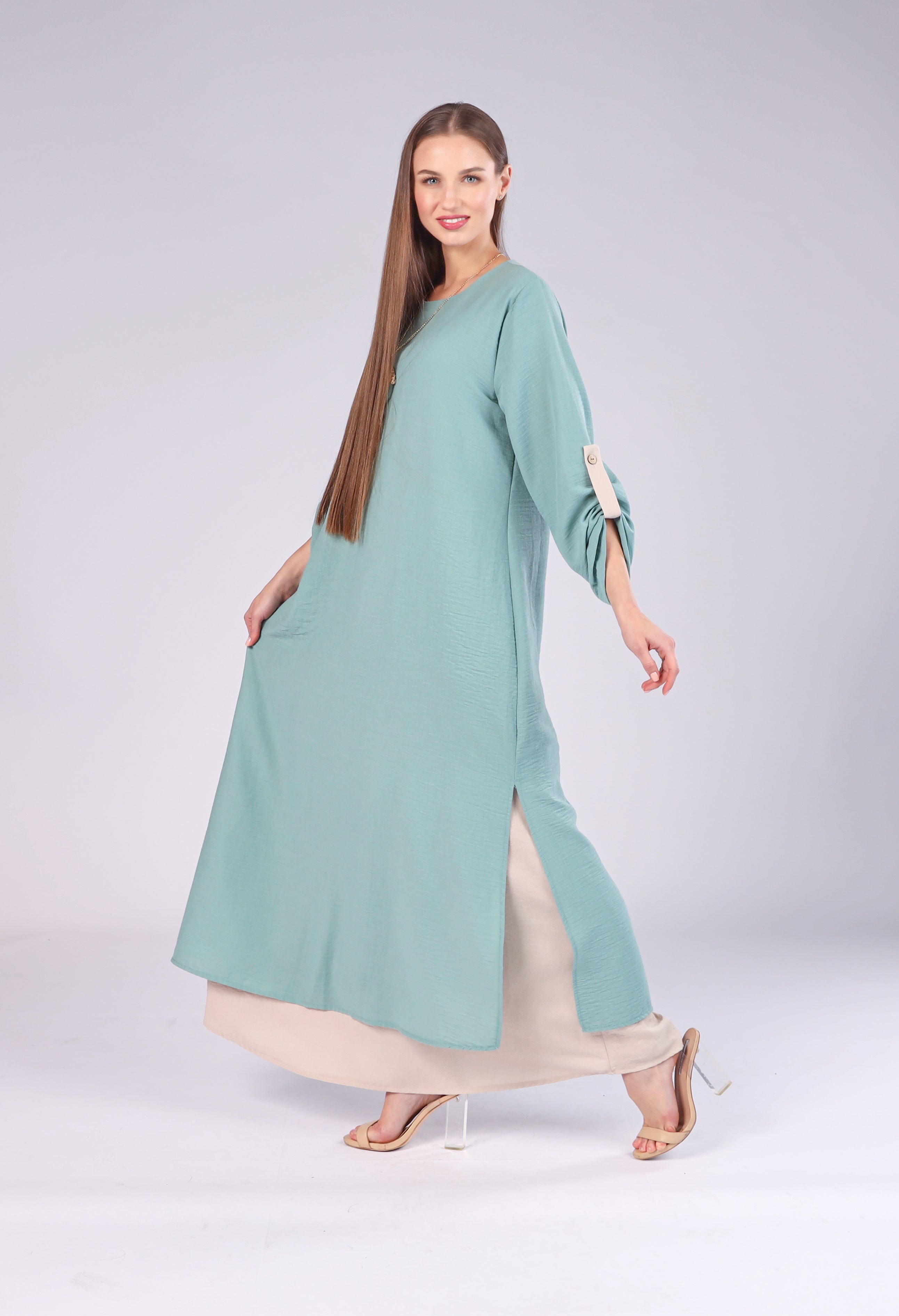 Elegant Mint Green Long Sleeve Maxi Dress with Buttoned Cuffs ROBENSA Qatar Amazing Clothes Are Waiting for You